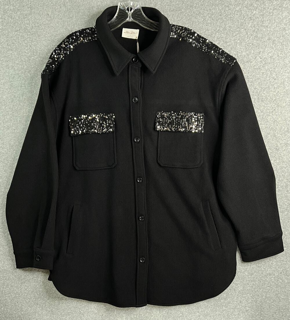 Allie Rose Black Sequin Yoke Ribbed Knit Button Front Jacket Size L